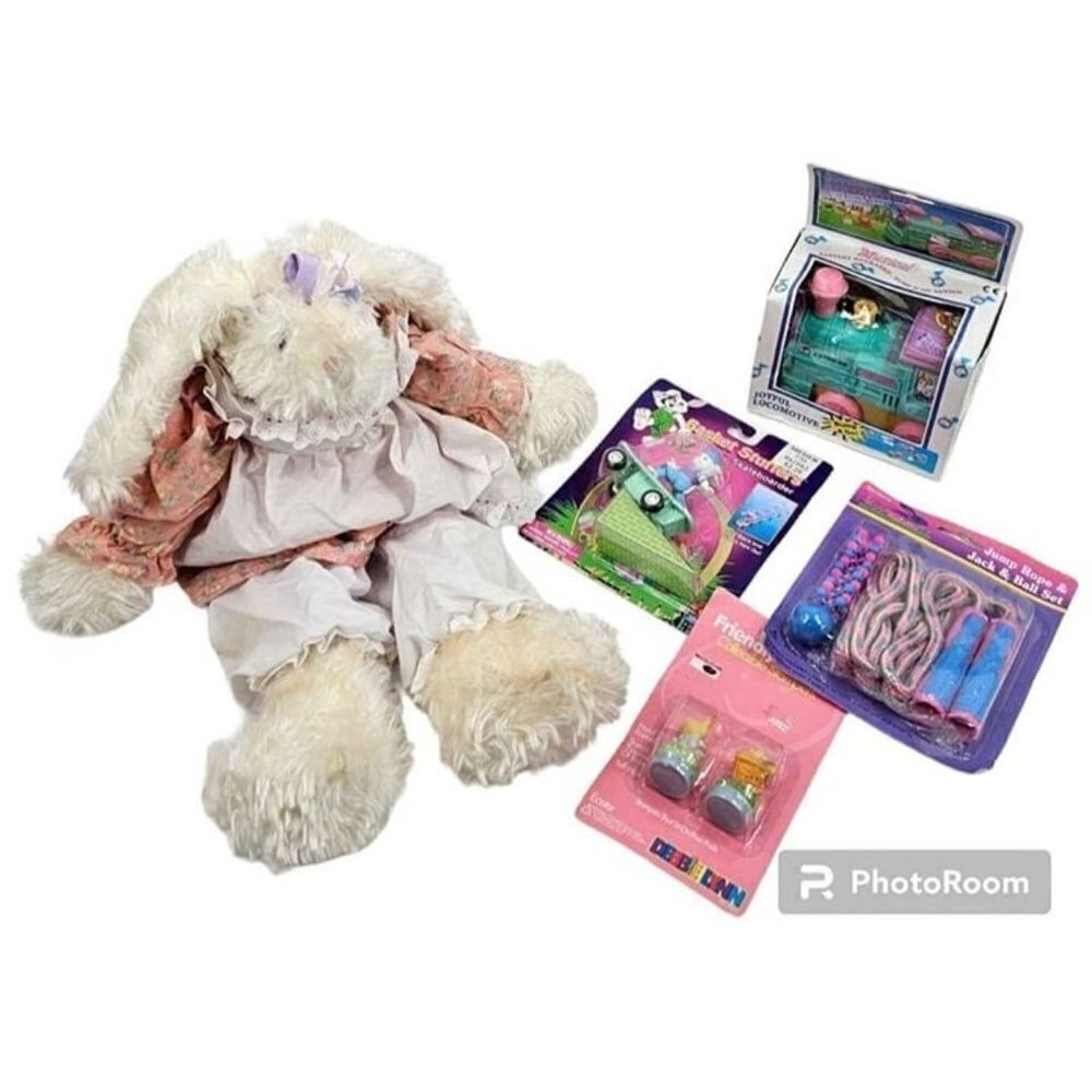 Easter Bundle New Old Stock 20" Bunny Plush & Vintage Small Easter Toys